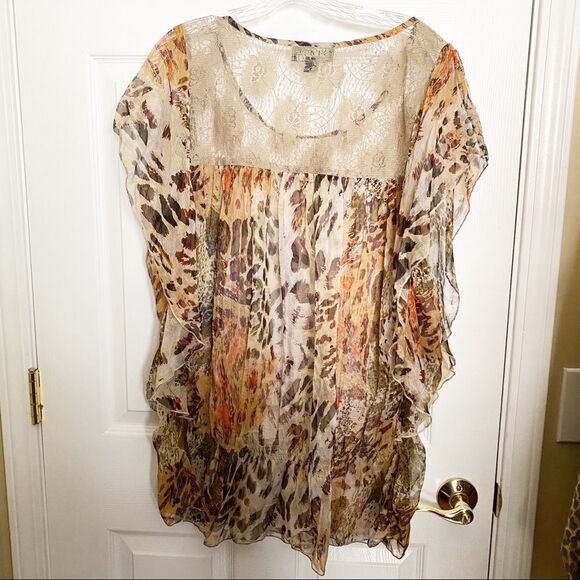 Sheer Leopard and Lace Flutter Sleeve 3X Top - Picture 2 of 8